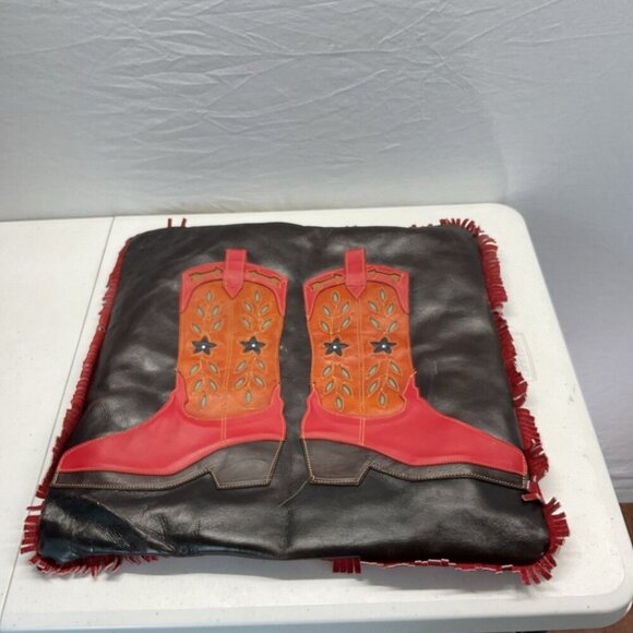 2 Western Leather Accent Pillows Fringed Cowboy boot Texas Star applique - Picture 8 of 15